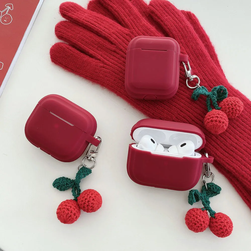 Knitted Red Cherry Pendant Earphone Case For AirPods Pro2 Pro 2nd Soft Silicone Protection Cover For AirPod 1 2 3 4 new Keychain