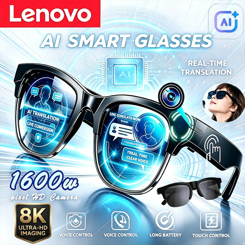 Lenovo AI Smart Camera Glasses Remote Control Touch Voice Assistant Recording Translator Wireless Bluetooth óculos inteligente