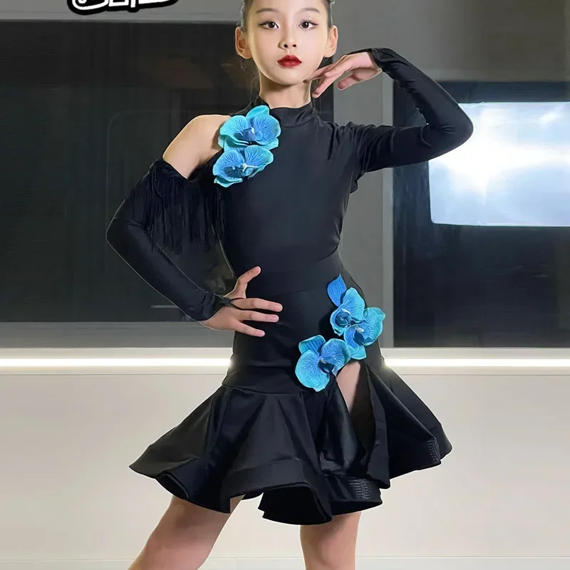 Latin dance dress Autumn and winter new children's female training dress girls perform dance dress set - Image 3