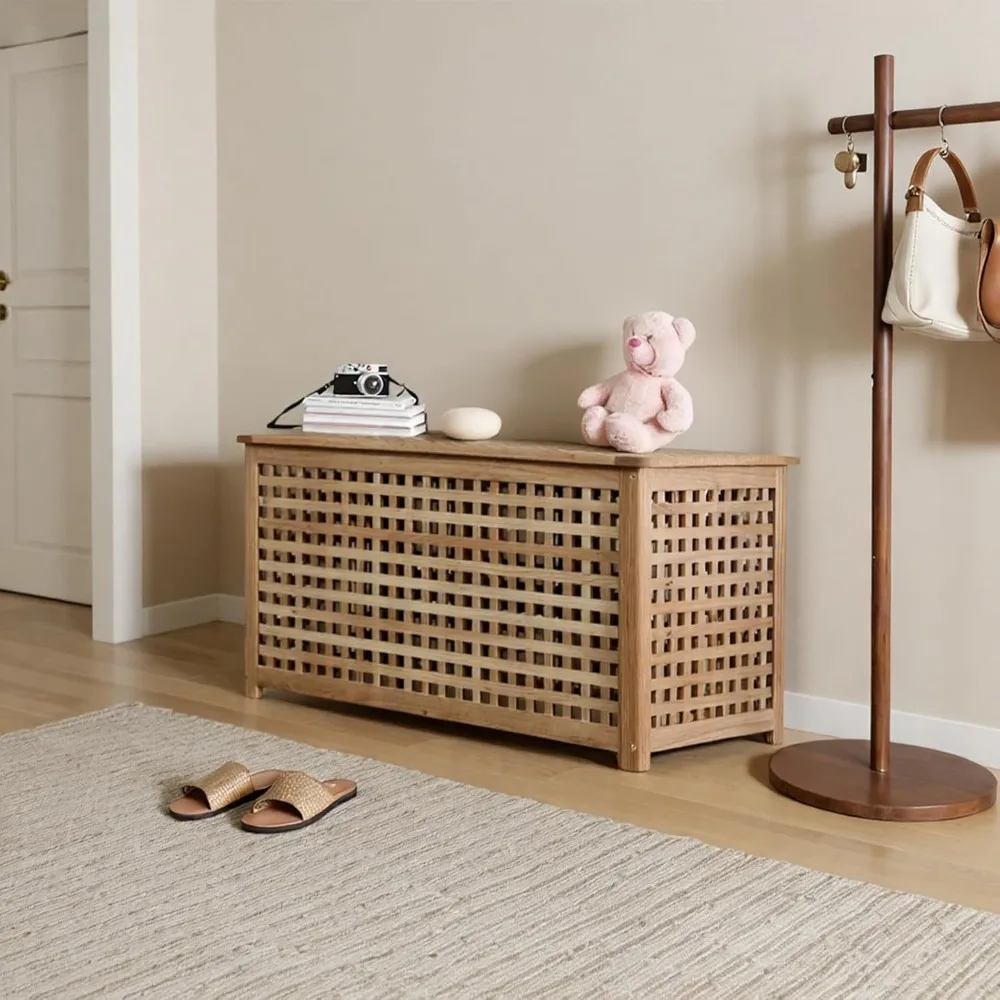 Banco de entrada de madera natural con almacenamiento, adecuado para mesa de centro en entrada, sala de estar, dormitorio y baño (38,5x19,6x1