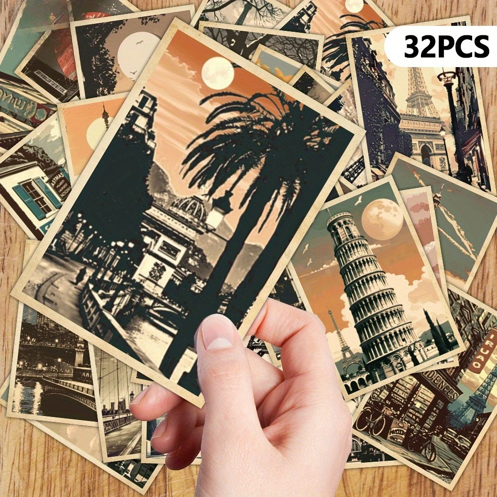 32PCS Retro Travel Architecture Postcard Set, Retro Architecture Landscape Gift Card, Suitable for Scrapbook and Handmade