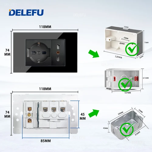 Imagen 2 del producto DELEFU-Panel de cristal SC70 de 118mm, negro, estándar italiano, USB tipo C, interruptor de toma de pared de carga rápida, TV, teléfono, CAT5, CAT6