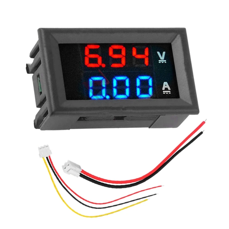 接続線付きデュアルLEDディスプレイパネル,デジタル電圧計,電流計,DC, 100V, 10A,電圧,電流,メーター,テスター,青,赤,2個