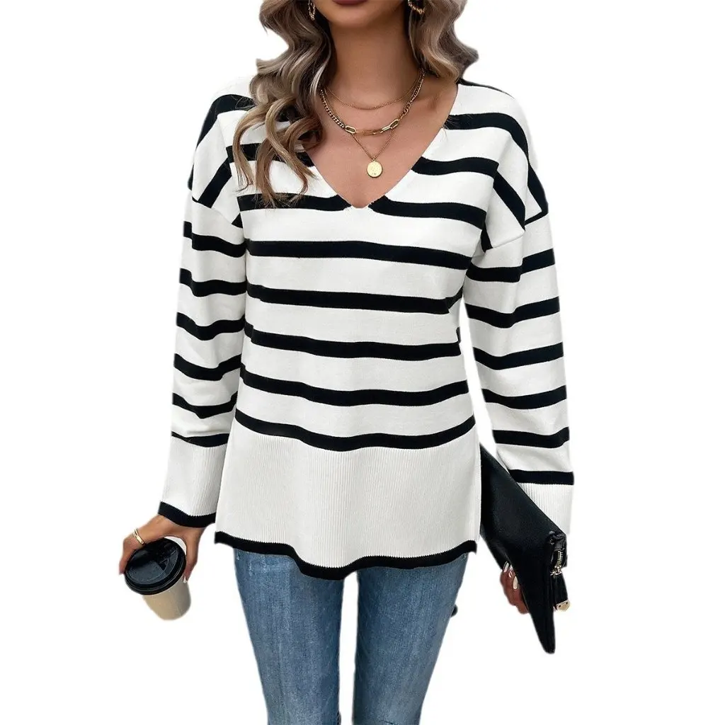 

Kaikuo Women's Long-Sleeved Sweater Autumn Winter Elegant V Neck Two-Color Striped Loose Fit Casual European American Style