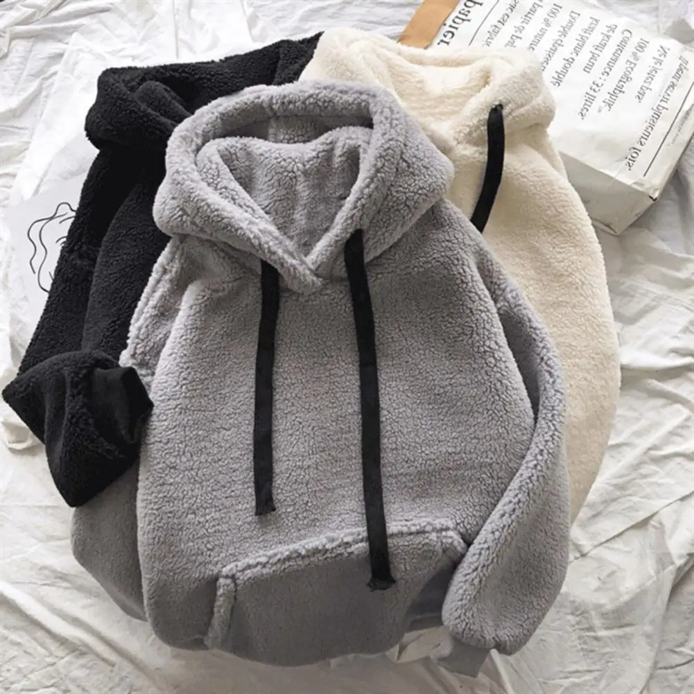 

Women Winter Hoodie Solid Color Hooded Long Sleeves Drawstring Patch Pocket Keep Warm Plush Pullover Casual Autumn Hoodie