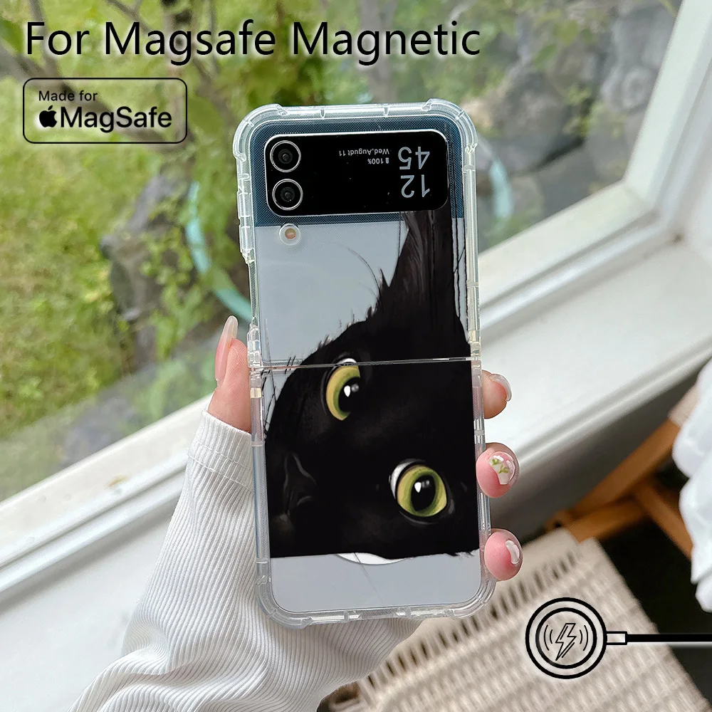Cute Cartoon Funny Black Cat Magsafe Magnetic Phone Case for Samsung Galaxy Z Flip 3 4 Z Flip 5 6 Z 5G Transparent Back Cover