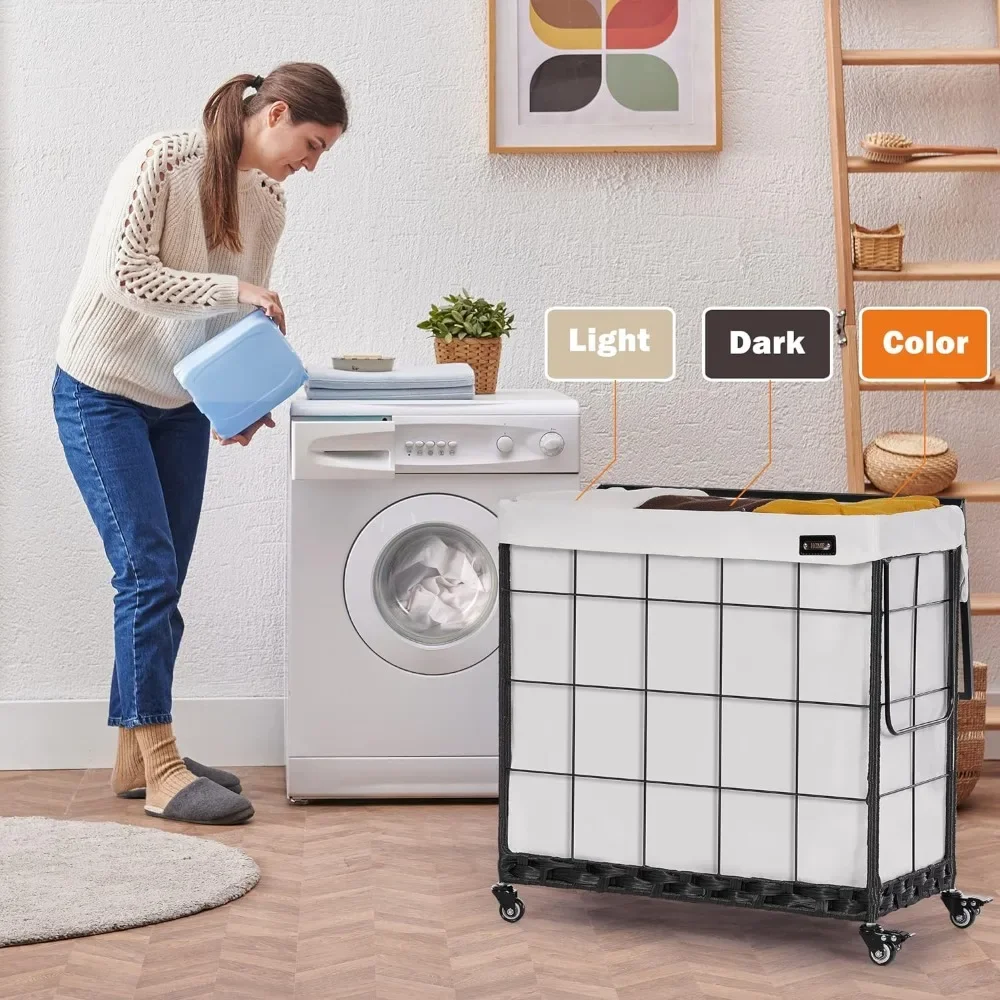 Laundry Hamper with Heavy Duty Caster Wheels; 3 Sections Clothes Hamper with Lid; 132L Laundry Basket with Removable Liner Bag