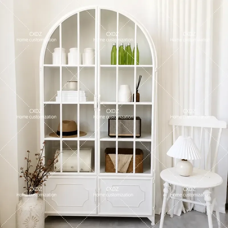 French American Retro Country Style Glass Door Cabinet Side Storage Locker Display Bookcase Wine Cabinet