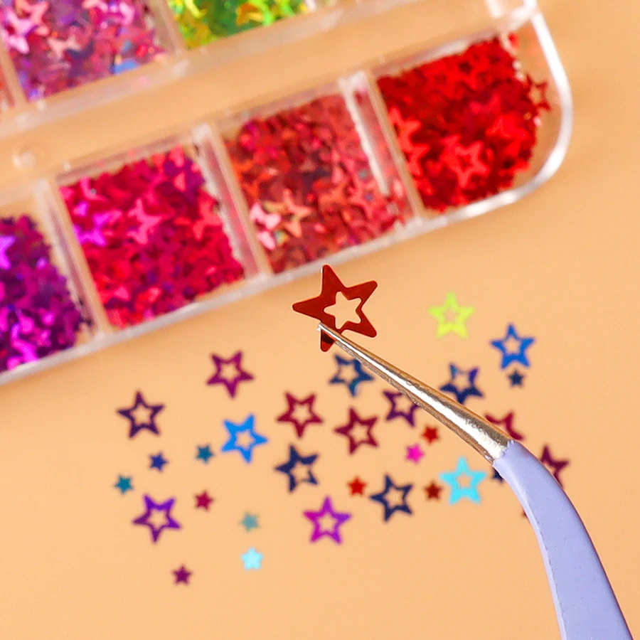 

Acrylic Daily Use DIY Nail Art 12 Grid Laser Hollow Star Nail Art Glitter Decoration Fashion Explosion Suitable for Nail Salons