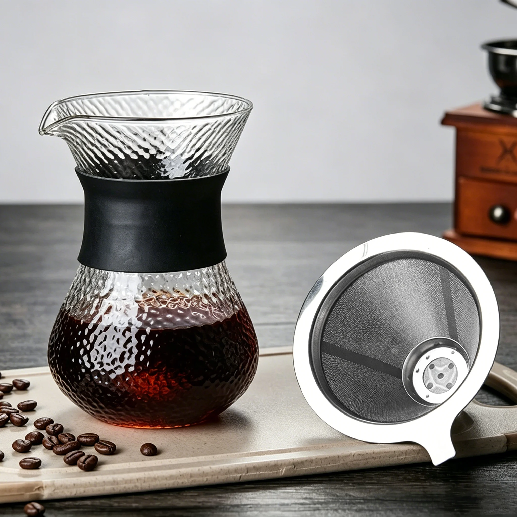400ml Hammered Glass Pour Over Coffee Maker with Stainless Steel Filter Borosilicate Glass Drip Coffee Pot for Home Office