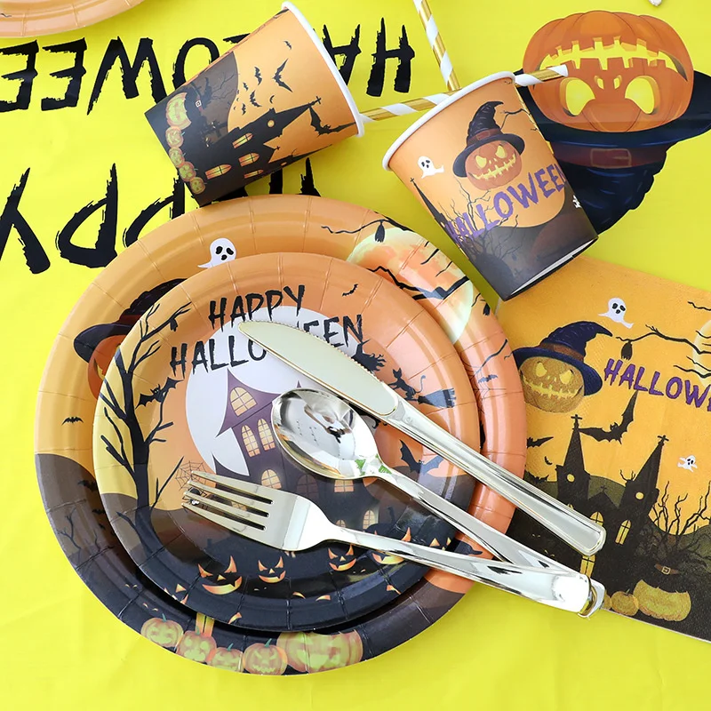 Halloween Disposable Cutlery Set Paper Plate Paper Cup Tissue Tablecloth Set Halloween Cutlery Party Decoration Set