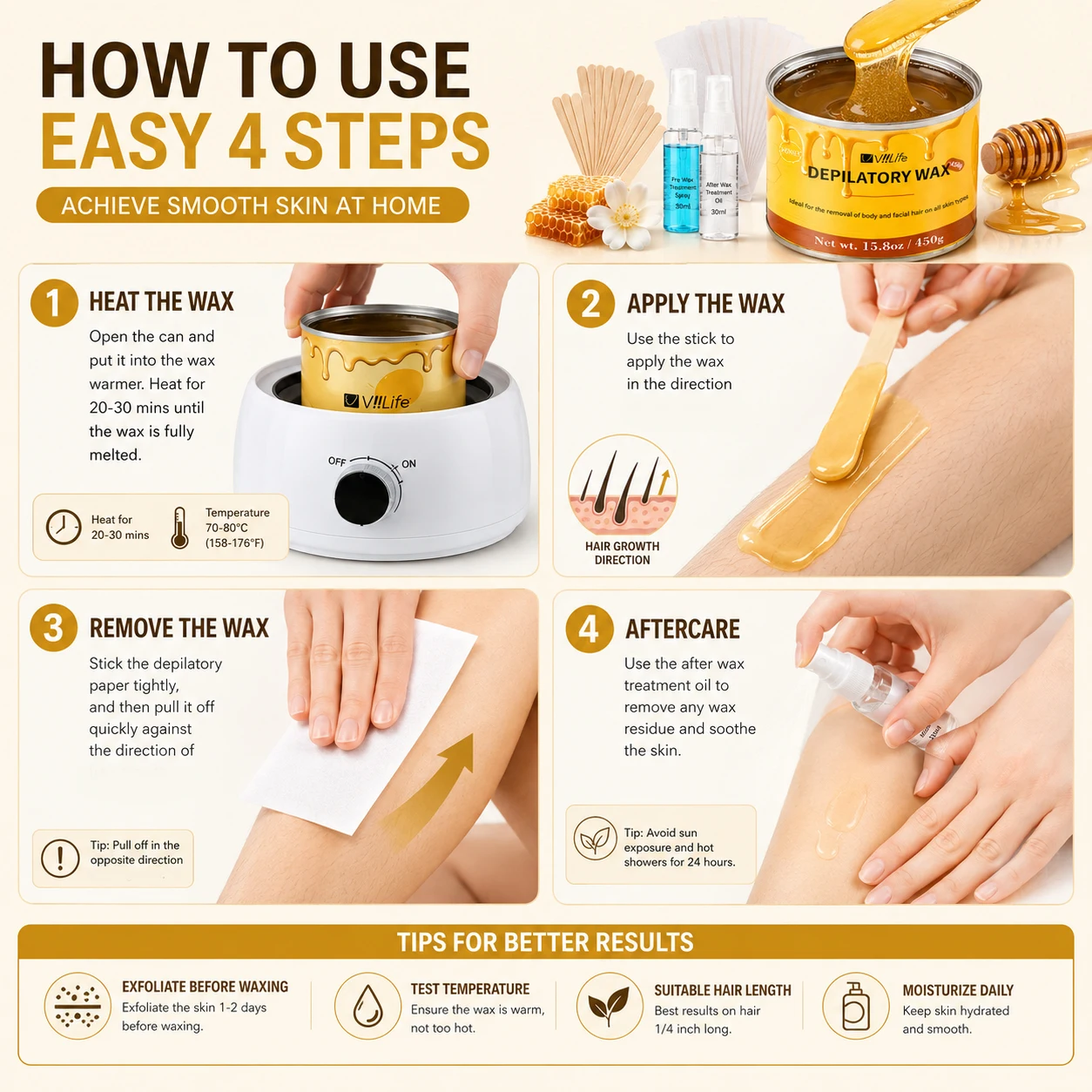 450G Honey Depilatory Wax for Hair Removal Whole Body Use - Easy Heat Application for Face, Armpits, Legs, Bikini Easy Application, Suitable for All Skin Types, Body Use, Gentle Depilation