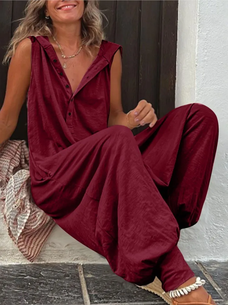 Combinaison à col à capuche en fibre pour femme, poche boutonnée, pantalon baggy décontracté, combinaisons pour femme, mode printemps et été