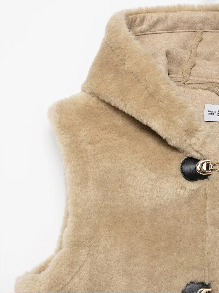 欧米風2025年秋新作 レディース フード付き ノットバックル フェイクファー風ベストジャケット