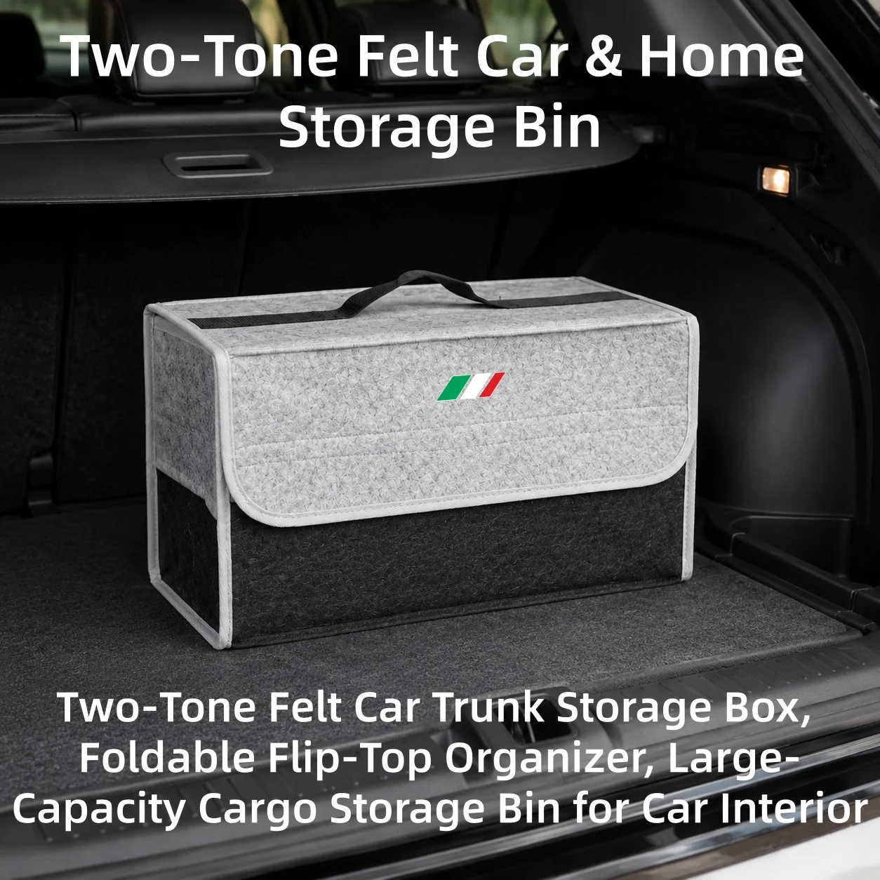 Italienische Dreifarben-Filz-Auto-Aufbewahrungsbox 50×17×24cm, Faltbare Kofferraum-Aufbewahrungsbox mit Deckel, Tragbarer Haushalts-Organizer für Kleinkram – Detail 1