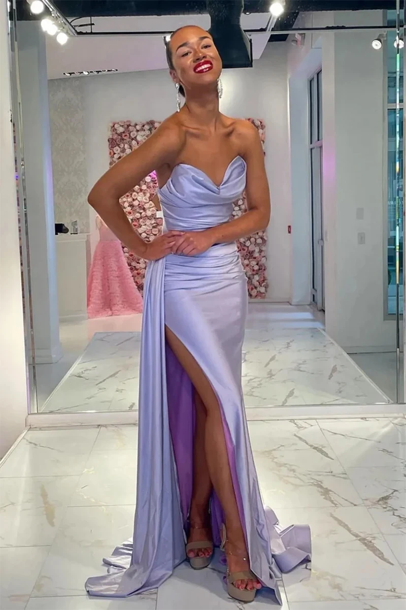 Sexy Slit Ball Gowns Evening Dresses Satin Strapless Elegant Prom Dress Woman Party Robe De Soiree فستان سهرة