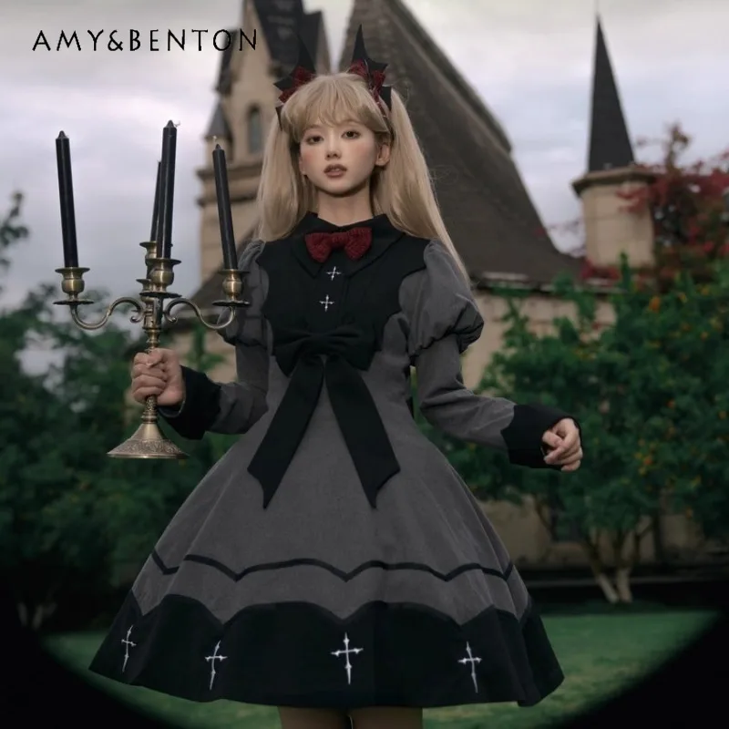 

Gothic Dark Girl Cross Embroidery OP Long Sleeve Lolita Dress Halloween Cosplay Costume Subculture Bowknot Slim Mini Puff Dress