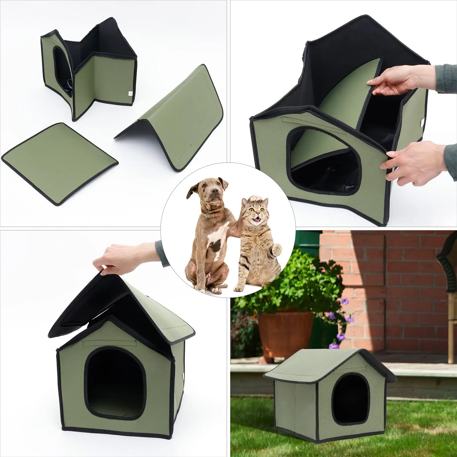 Outdoor Waterproof Collapsible Pet Kennel Comfortable for Small Dogs, Pet Shelter Outdoor Cat House, Winter Warmth (Army Green)