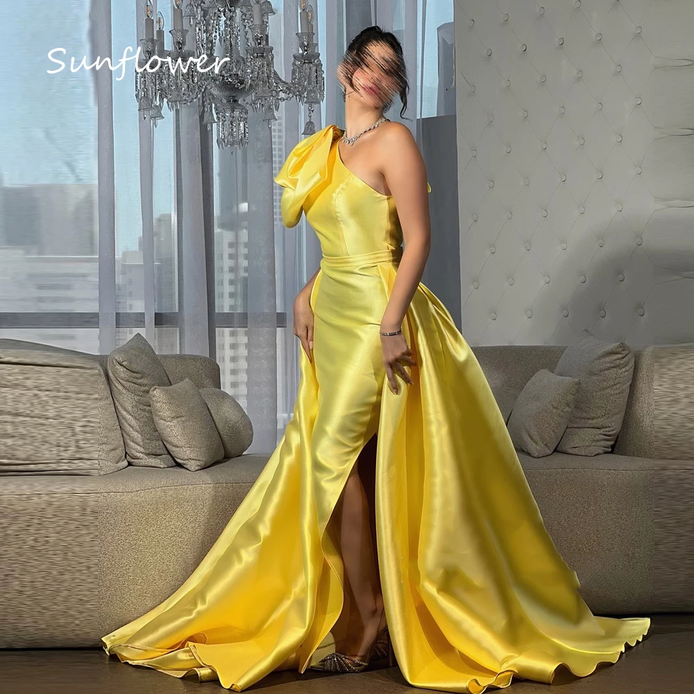 Sunflower Simple Yellow Bow One-Shoulder Satin Prom dress 2024 Slim Backless Floor-Length Evening Dress Mermaid Party Dress