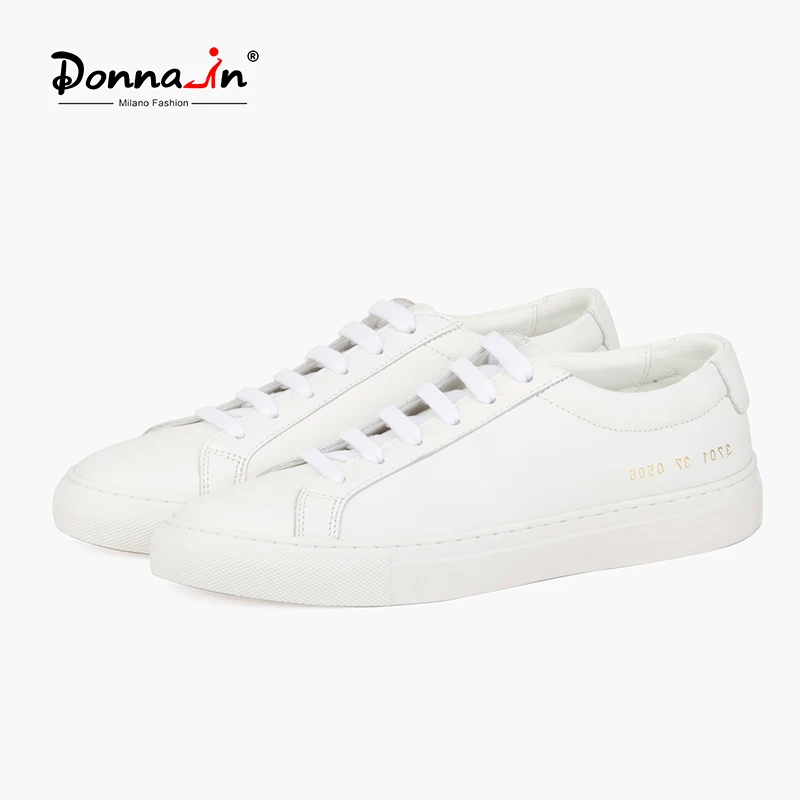 Donna-in Natural Calfskin Women Casual Sneakers Genuine Leather Flat Lace-up Handmade Comfortable Shoes Commute