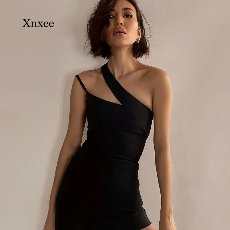 Sexy Women Dress Vestidos Women Backless One Shoulder Split Bodycon Strap Christmas Black Dresses New