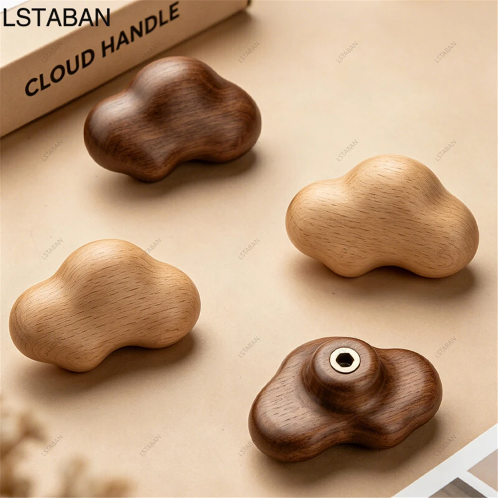Cloud Shape Solid Wood Cabinet Handle Walnut Beech Single Hole Drawer Pull Cupboard Wardrobe Door Handle Kids Room Dresser Knob