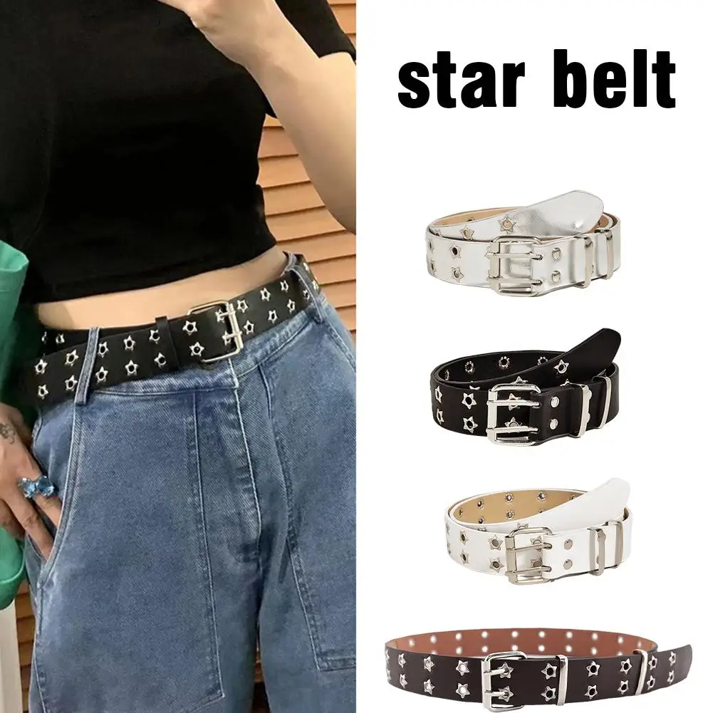 Mode Mannen Vrouwen Punk Stijl Ketting Riem Verstelbare Ster Holle Dubbele Jeans Gesp Breasted Metal I1i4 Gesp Lederen Taille Z5k7