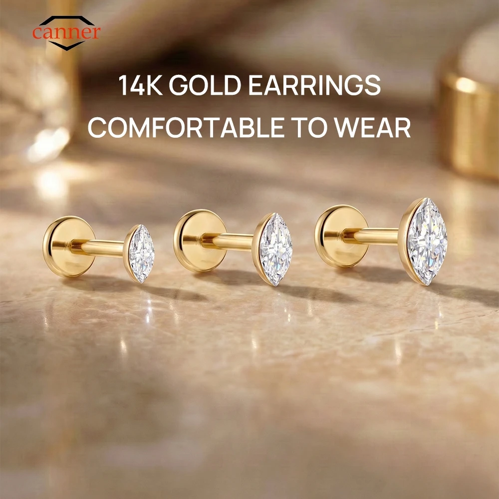 CANNER 1PC 14K Solid Gold Delicate 3/4/5mm Horse Eye CZ G23 Titanium Piercing Flat Back Stud Earring Women Ear Bone Jewelry Gift
