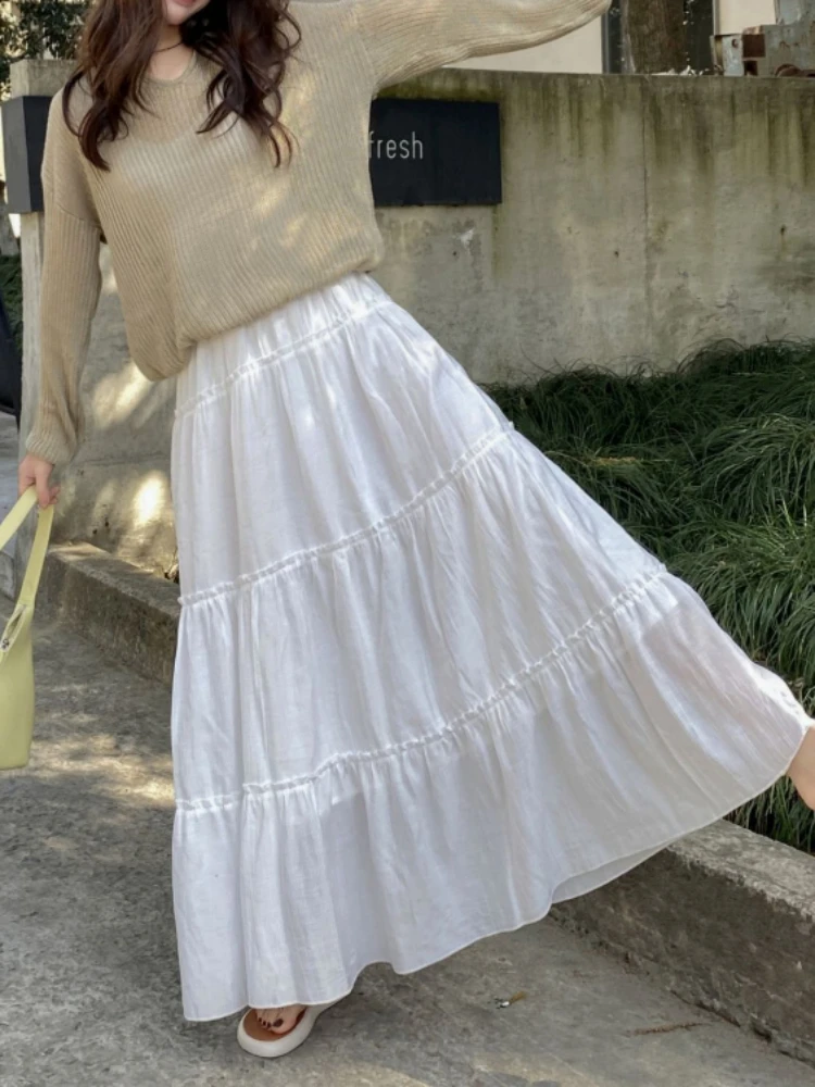 

Women's High Waist A-Line Long Skirt, Monochromatic, Elastic, Casual, Japanese, Korean Fashion, Summer Beach, New, 2021