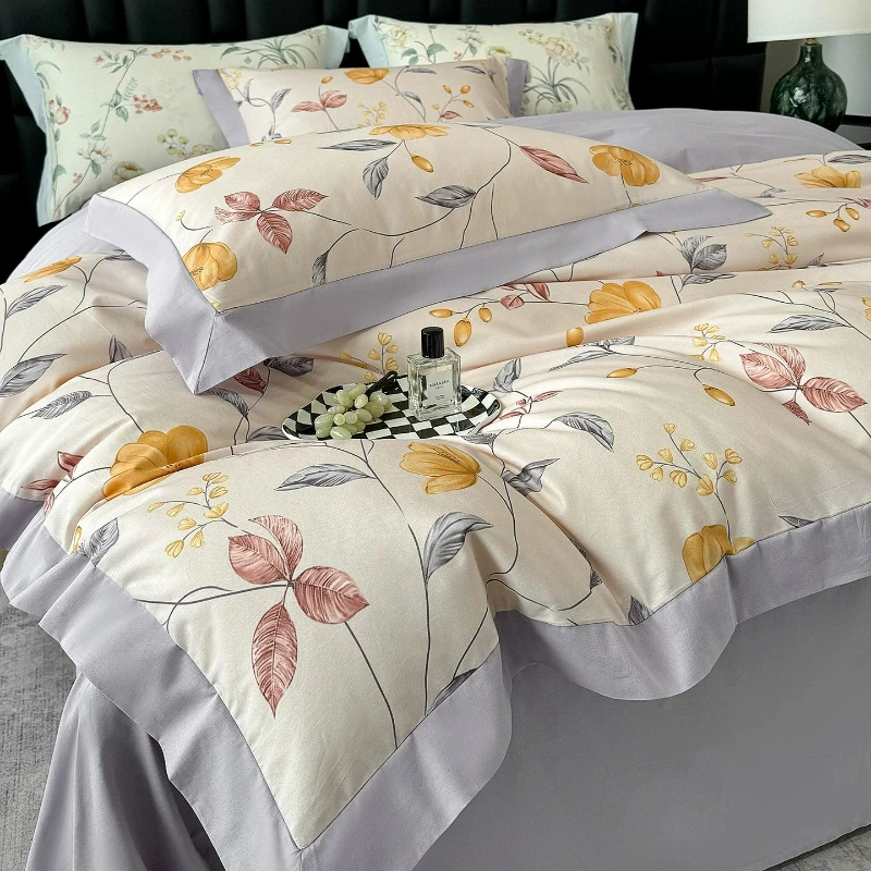 Pure Cotton Bedroom Digital Printing 4 Piece Set All Cotton Bed Sheet Fitted Sheetduvet Cover Soft Long Staple Cotton Bedding