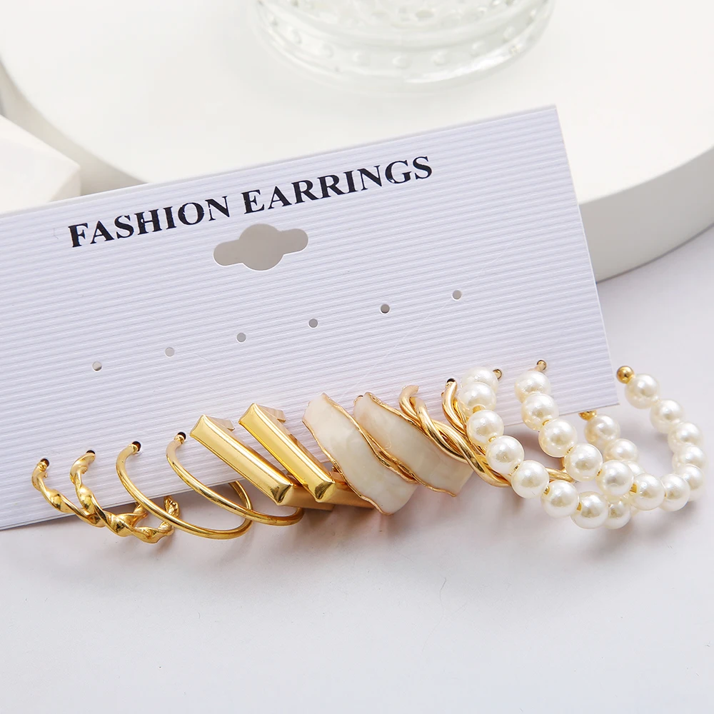 Boho Big Circle Hoop Earring Set for Women Gold Color Bohemia Vintage Pearl Square Earring Heart Zircon Ear Studs Jewelry image 5