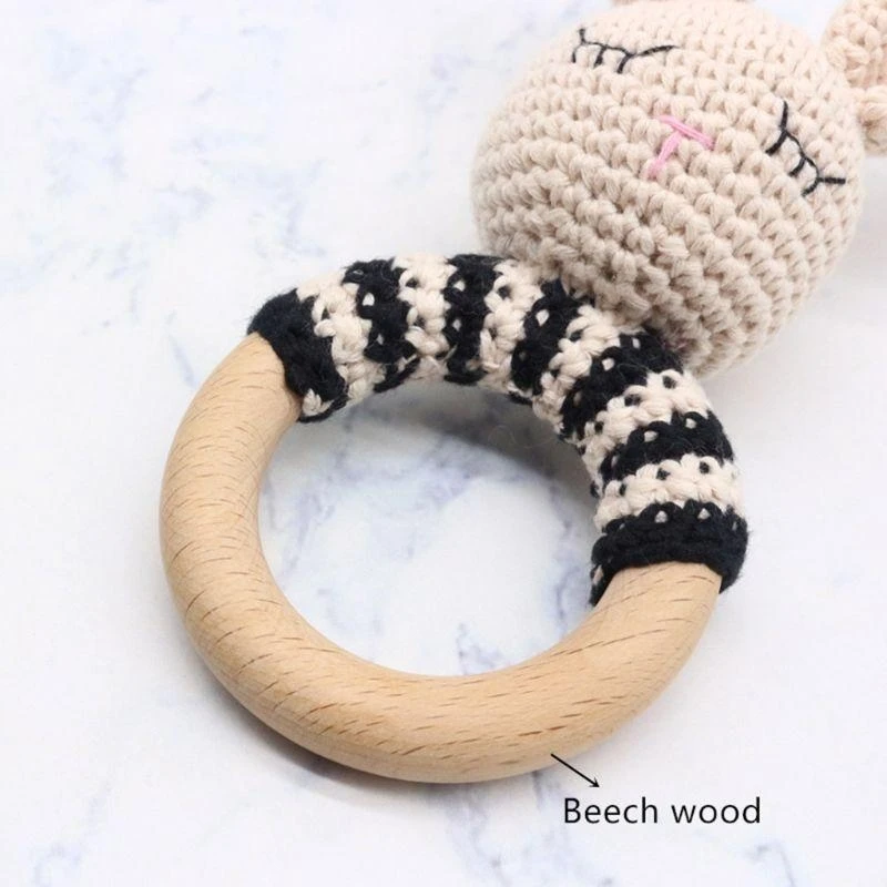 Baby Teether Wooden Ring Handmade BPA Chewing Teething Cotton Thread Crochet Animal Rattle Knitted Hand 15UB