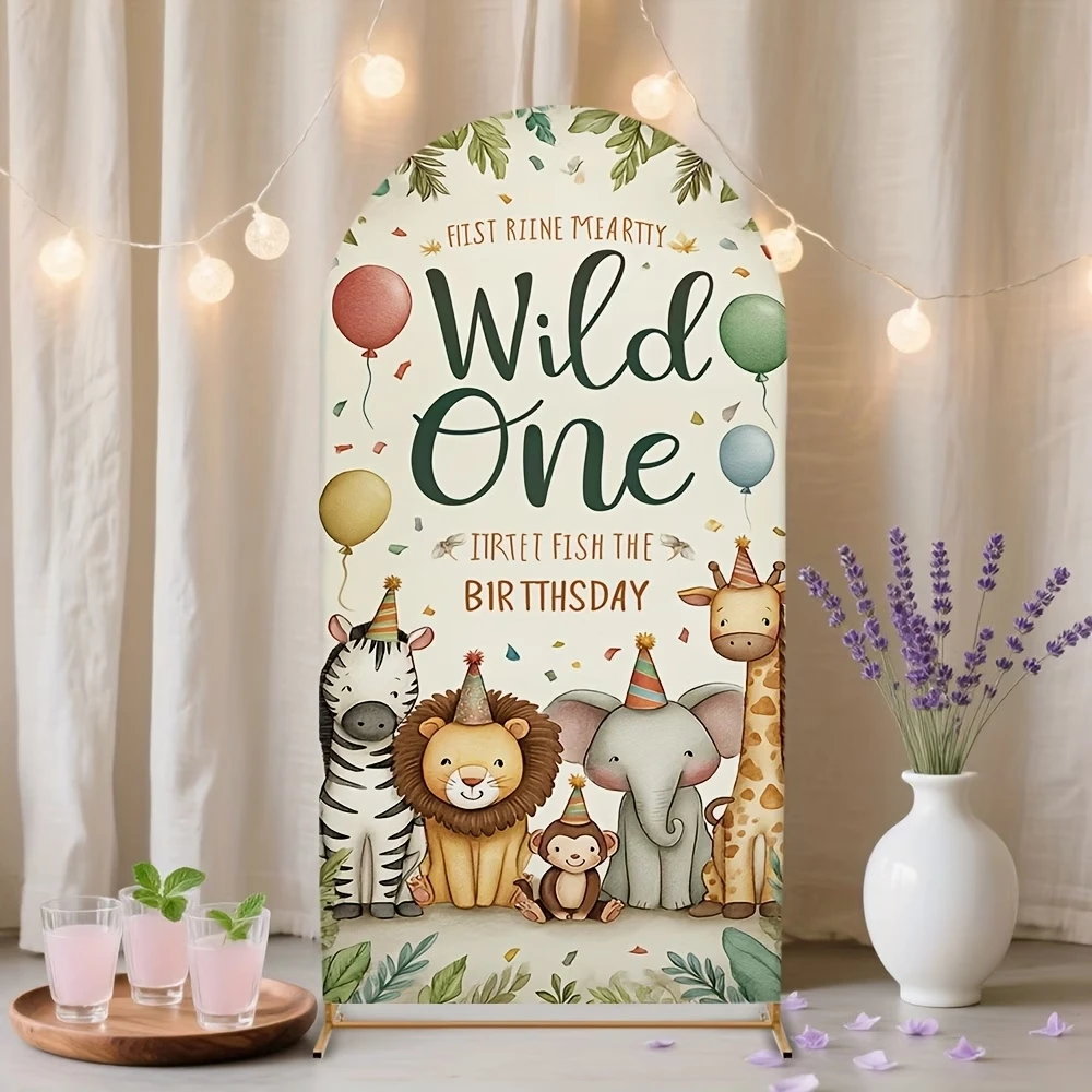 LS Wild One Happy Birthday Backdrop for Newborn Kids Forest Jungle Animals 1st Birthday Background Safari Party Arch Covers view 3