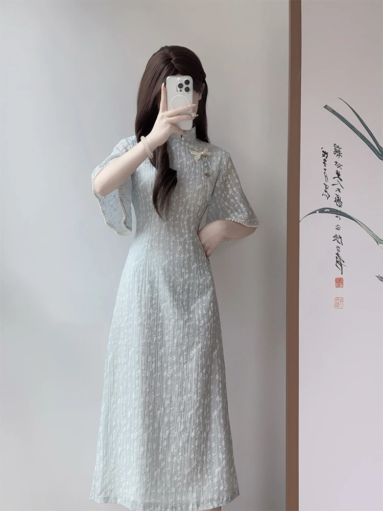 

Молодежный офисный костюм с цветочным принтом в стиле ретро, с коротким рукавом, с завышенной талией, миди, в китайском стиле