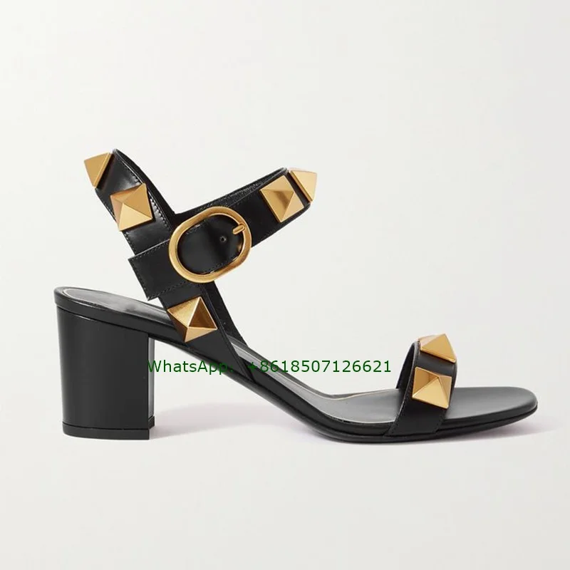 Black Stud Square Toe Mid-Heel Women Sandals With Buckle Sexy Open Toe Plus Size High Heels