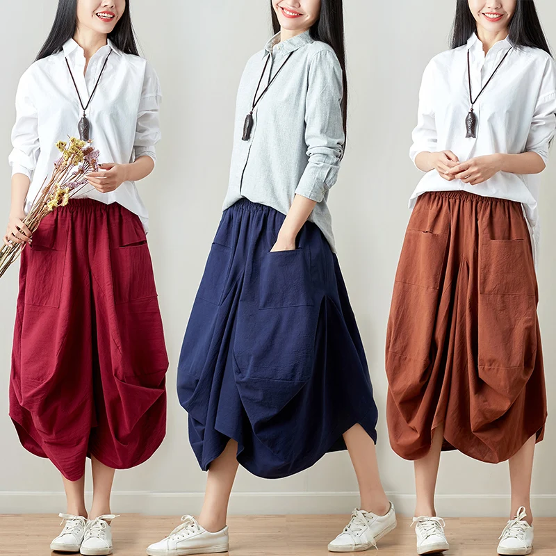 Summer New Women's Cotton Linen Lantern Skirt Loose plus Size Slimming Asymmetrical Hem Artistic Versatile Midi Skirt