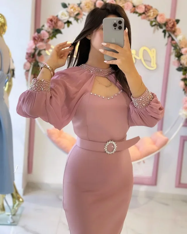 2024 New Summer Women's Maxi Pink Crepe Satin Prom Dress Puff  Sleeves Fashion Celebrity High Neck Crystals Party Drescustomized