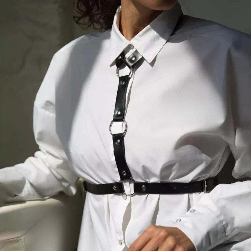 Women's Fashion Belt with Neck Connection Gothic PU Leather Harness Belt Punk Adjustable Belt Exotic Clothing Accessories