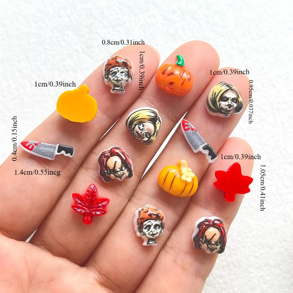 50 Stück 4-14MM Strass-Verzierte Harz-Halloween-Kürbis-Grimassen Nagelkunst-Zubehör Charms für DIY-Maniküre Nageldekoration – Detail 2