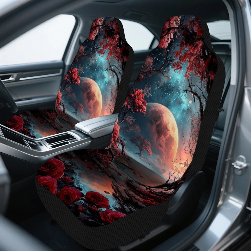 2pcs Moonlit Fantasy Landscape Print Canvas Car Seat Cover Set | Universal Fit, Stylish Vehicle Seat For Men And Women, Soft, Wa