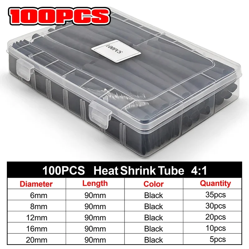 4:1 Black Polyolefin Heat Shrink Tubing Set 100Pcs Flame Retardant Sleeve For Low Voltage Electrical Cable Connection Shield