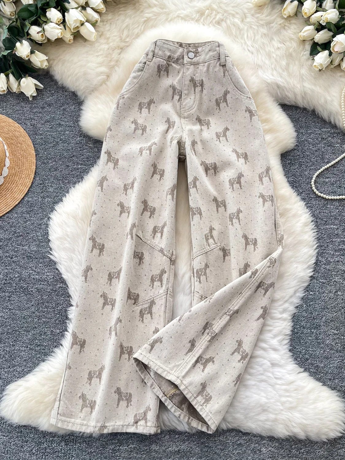 

Retro Print Pattern High Waist Wide Leg Pants Women's Spring Casual Loose Straight Long Pants Slimming Teenager Jeans