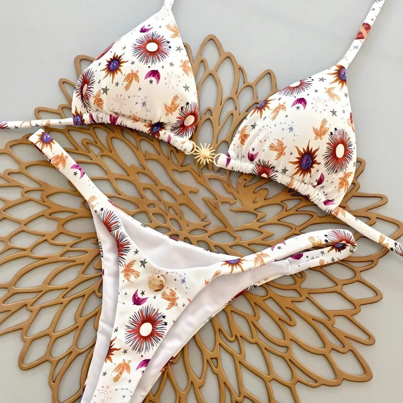 Women Sun Decor Halter Bikini Set Solid Floral Print Two Piece Swimsuit Side Tie Triangle Brazilian Bathing Suit Summer Beach