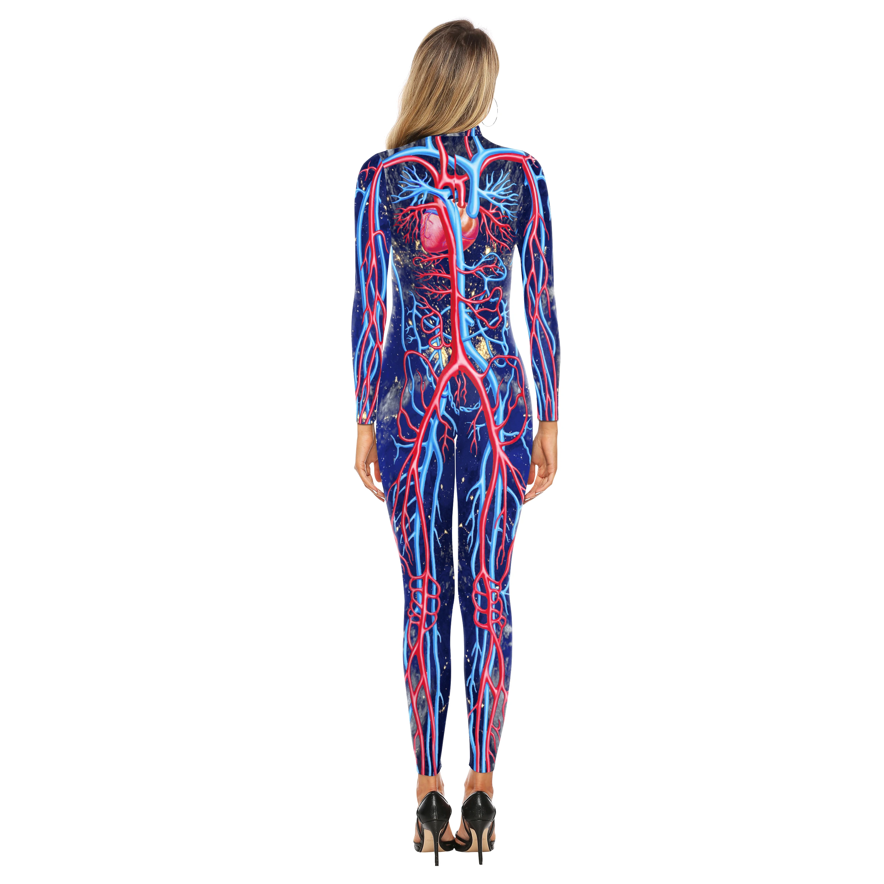 Macacão Vascular Padrão Vascular para Adulto, Fantasia Festa Halloween Bodysuit, Carnaval Terror Catsuit, Traje Cosplay Manga Longa