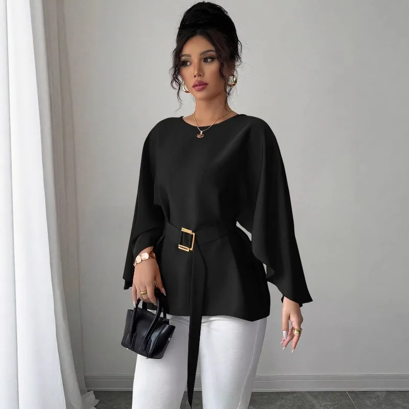 Women Round Neck Long Sleeve Blouse with Belt Loose Oversized Waist Cinched Elegant Office Commuter Solid Casual Tops