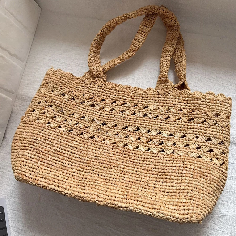 Sunmmer Raffia Straw Bag Hollow Woven Shoulder Bag Bohemian Travel Beach Bags for Women Handbags and Purse Knitting Shopper Tote