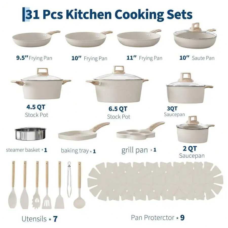 31 Piece Non-Stick Pots And Pans Set Ceramic Cookware Frying Pans, Sauté Pan, Saucepan, Stockpot, Steamer, Grill Pan, Eggpan, Co