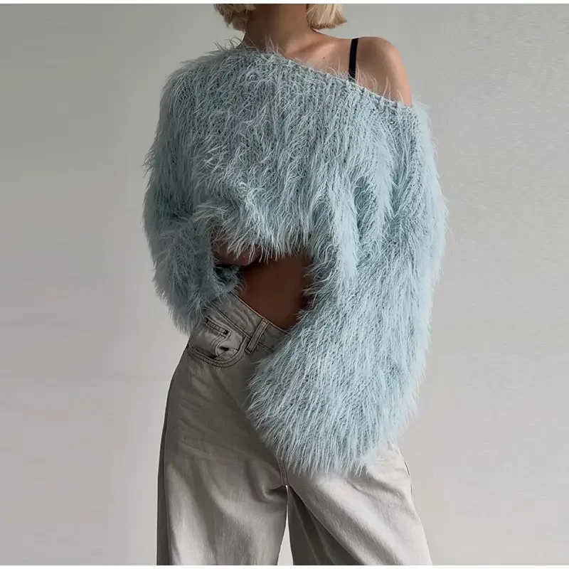 Damen-Strickpullover mit O-Ausschnitt, Langarm, Kurz geschnitten, Herbst, Rundhals, Flauschig, Einfarbig, Locker geschnitten, Neues Oberteil – Detail 4