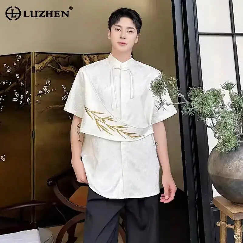 LUZHEN 2026 Summer Chinese Style Fake Two Piece Design Patchwork Stand Neck Short Sleeve Shirts Men's Elegant Casual Tops JY7652