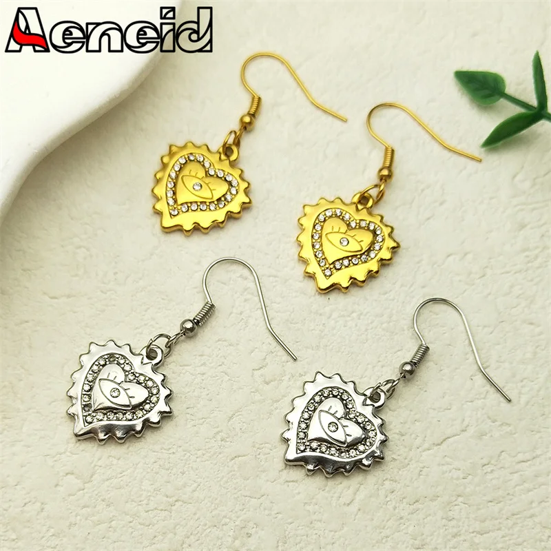 

Rhinestones Love Heart Pendant Hoop Earrings For Women Men Stainless Steel Gold Color Devil Eye Earring Party Jewelry Gift